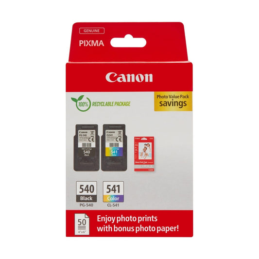 Canon PG-540/CL-541 multipack - Original ink cartridges (1 black, 1 color) and 4x6 photo paper (50 sheets) for PIXMA printers.