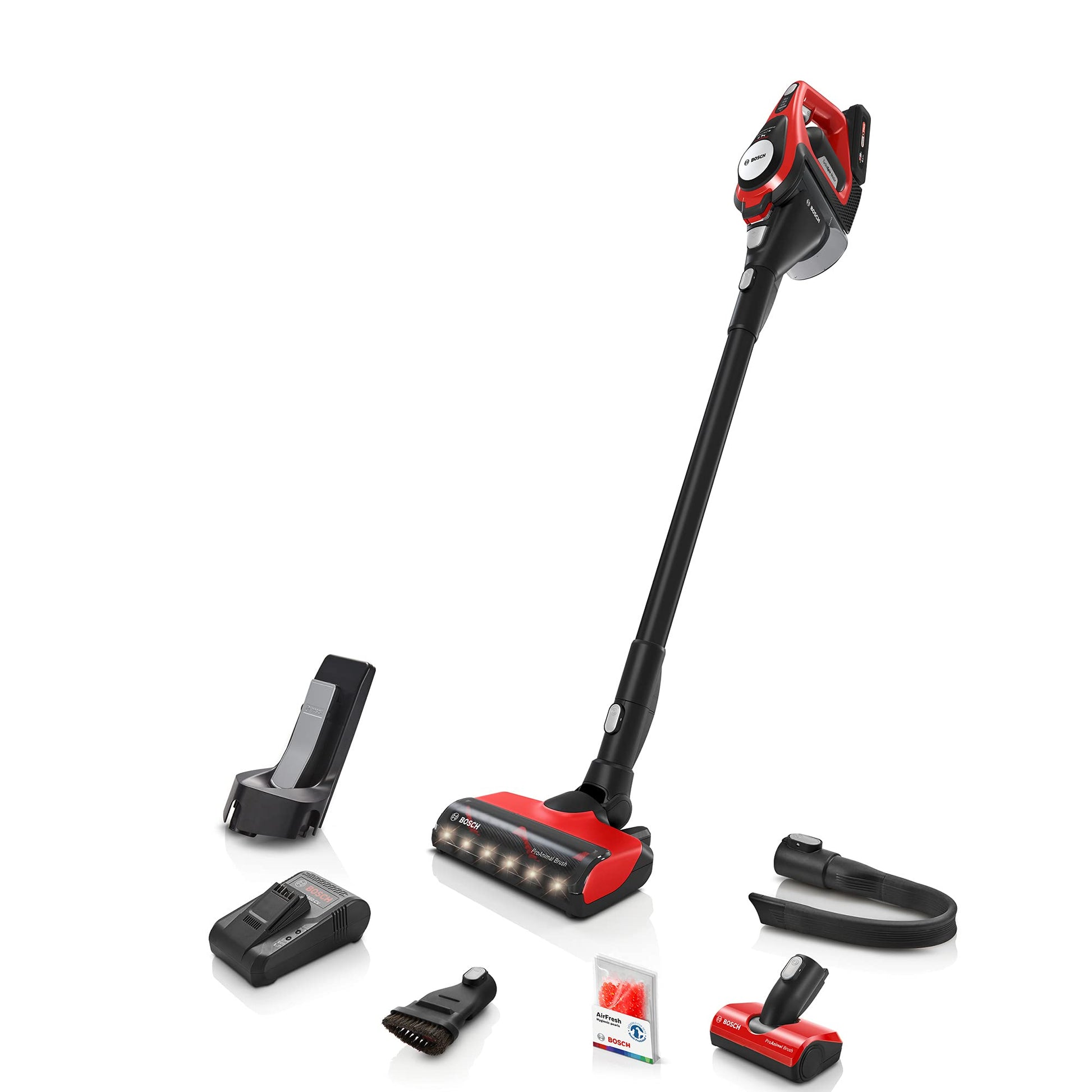 Bosch Unlimited Gen 2 ProAnimal BBS8214PET - Red vertical vacuum cleaner, 0.4L capacity, 76dB, ideal for pet hair.