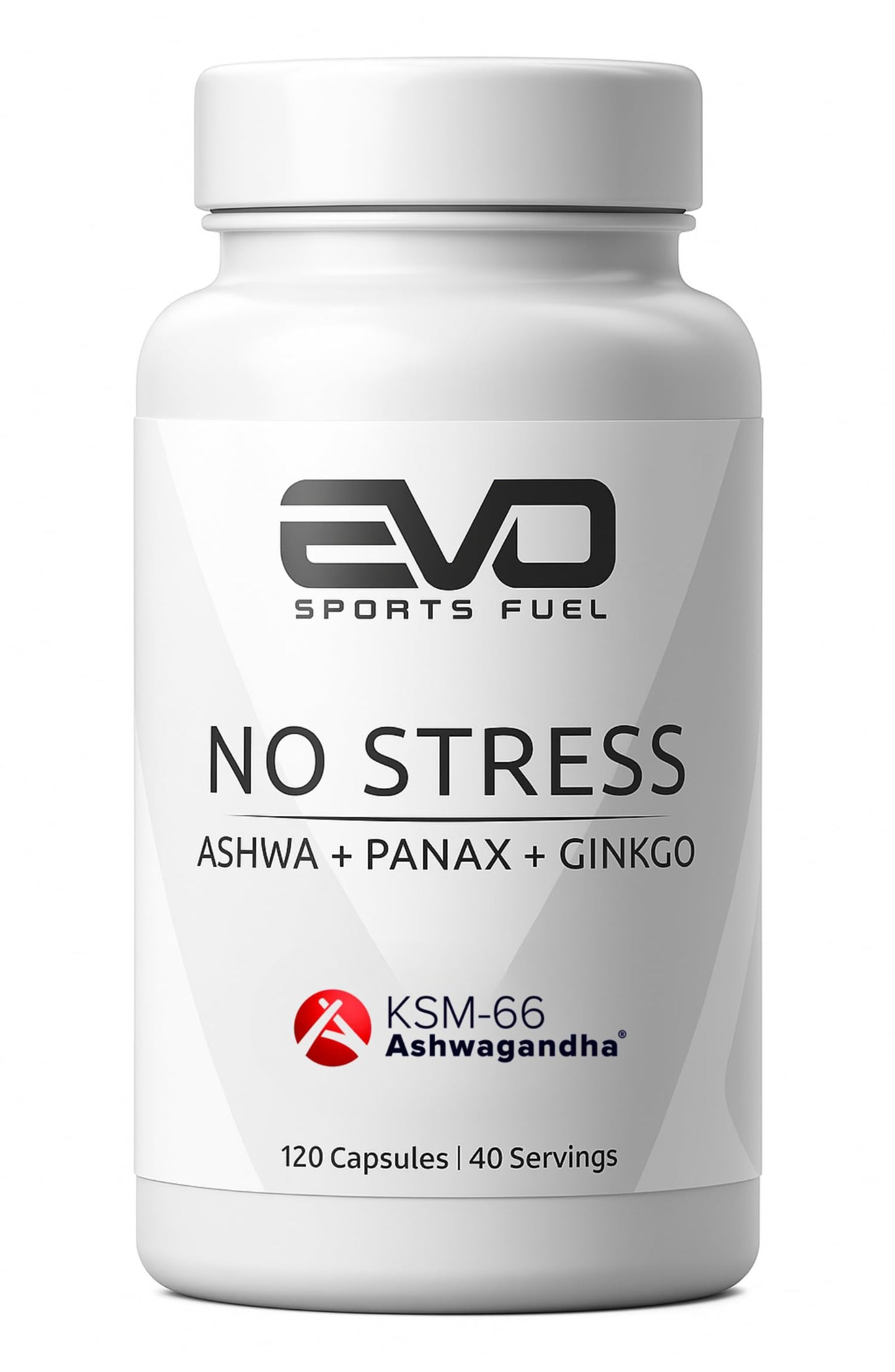 EVO SPORTS FUEL No Stress KSM-66® ašvagandas kapsulas, 120 kapsulas – ar Panax, ginku un L-teanīnu, 100% vegānisks