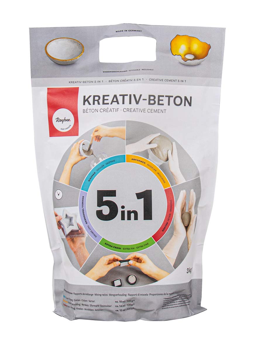 Rayher Kreativ-Beton 5in1, akmens pelēks, 3 kg maisiņš, amatniecības betons, liejamais betons, modelēšanai un mīcīšanai, betona pulveris, gatavs lietošanai, jāsajauc ar ūdeni, 34464558