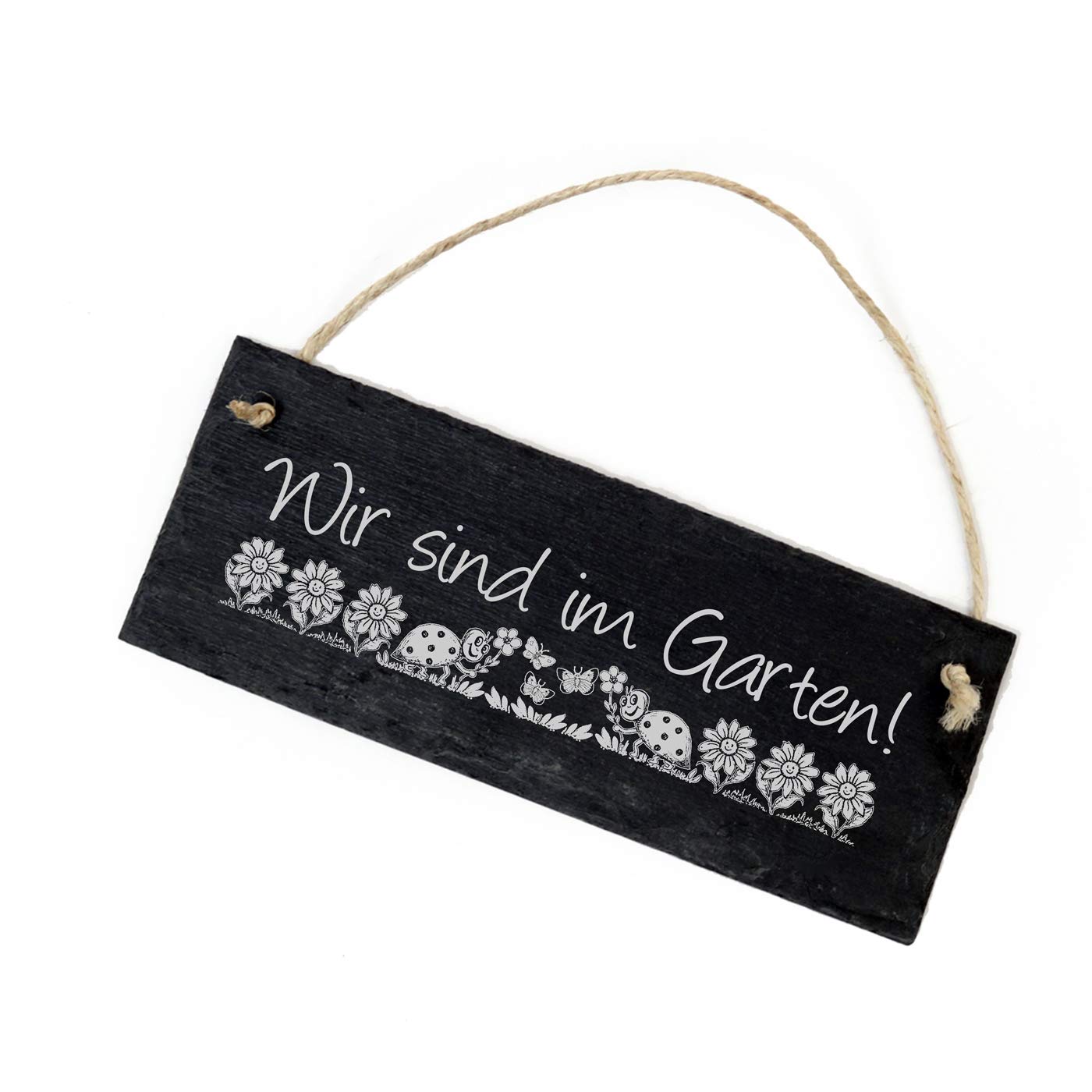Šīfera dārza zīme Dekolando „Wir sind im Garten“, ziedi un mārīte, gravēta durvju plāksne, 22x8cm