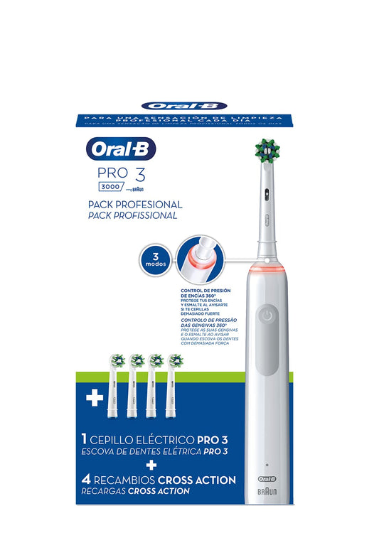 Oral-B Profesionālais komplekts PRO 3 3000 elektriskā zobu birste ar Braun tehnoloģiju + 4 CrossAction rezerves galvas, balta