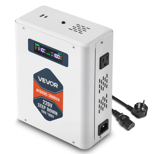 Sprieguma pārveidotājs VEVOR 3000 VA, jaudas transformators 220 V uz 110 V, ar 2 US rozetēm, USB izeju, LCD displeju, temperatūras aizsardzību 110-V ierīcēm