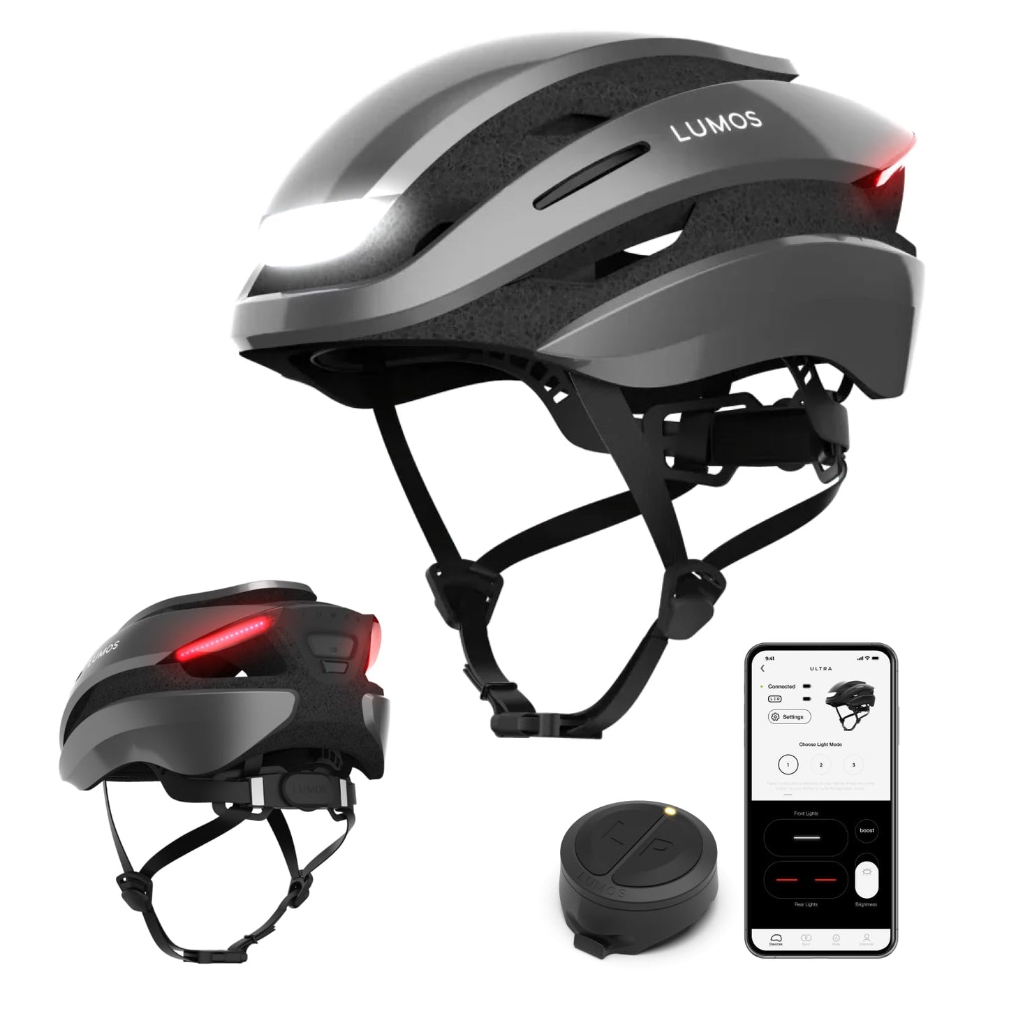 Viedā velosipēda ķivere Lumos Ultra Smart-Helm, priekšējais un aizmugurējais LED apgaismojums, pagrieziena rādītāji, bremžu lukturi, Bluetooth savienojums, pieaugušajiem: vīriešiem, sievietēm, Ash Grey, izmērs M-L