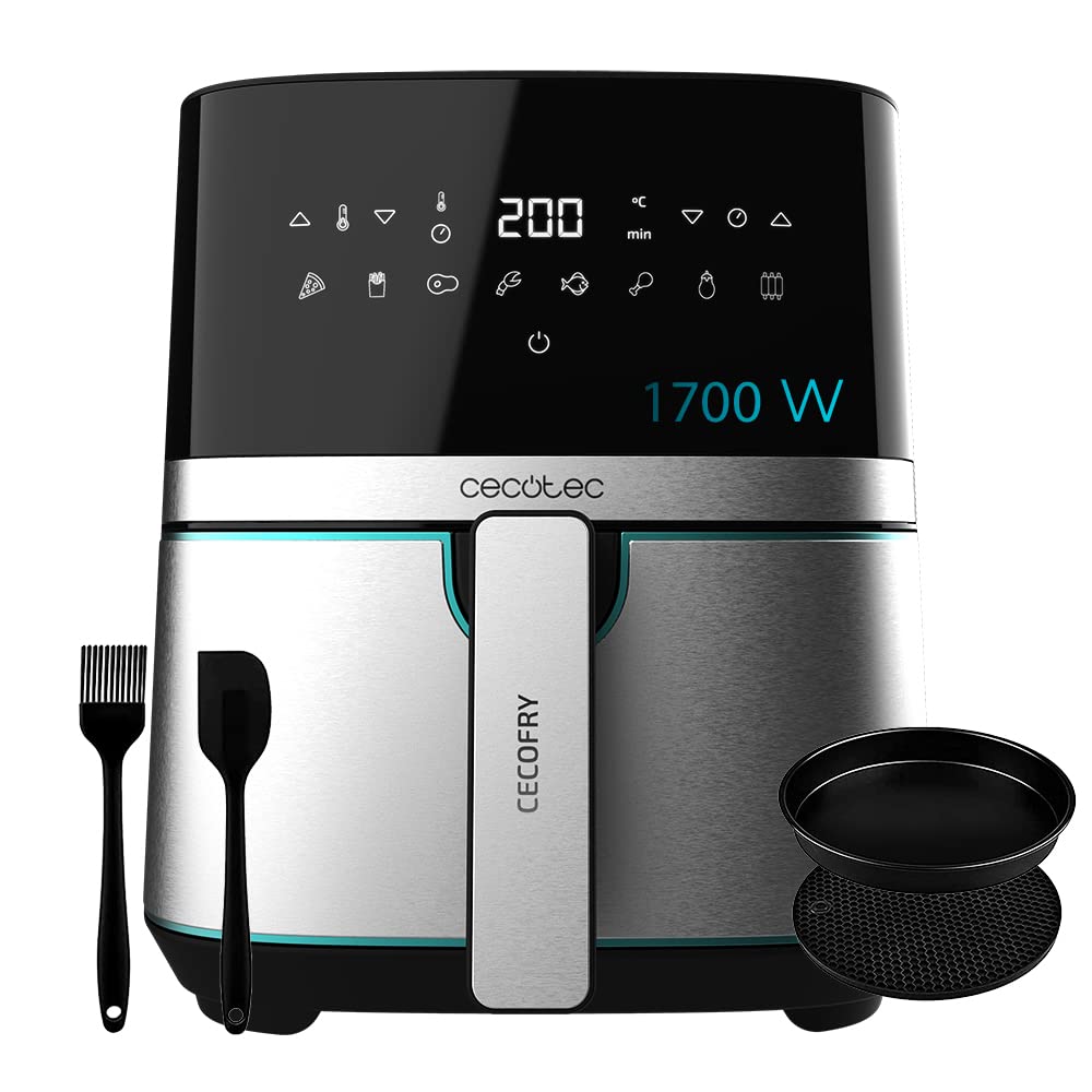 Cecotec Cecofry Full Inox 5500 Pro - 5.5L, 1700W, compact, digital, oil-free air fryer with accessories, stainless steel.
