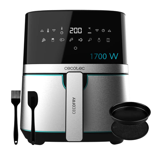 Cecotec Cecofry Full Inox 5500 Pro - 5.5L, 1700W, compact, digital, oil-free air fryer with accessories, stainless steel.