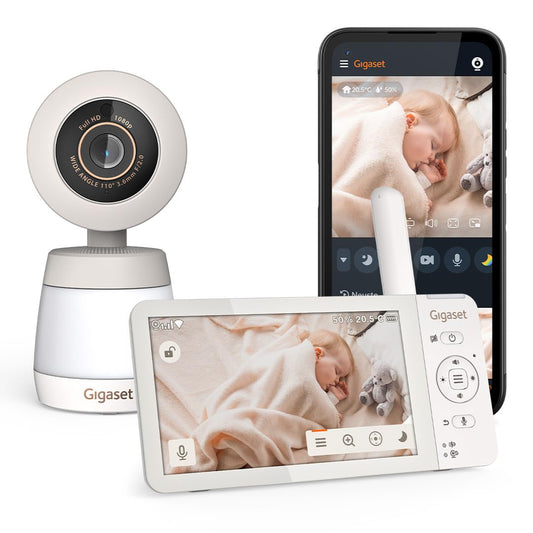 Video baby monitors Gigaset Baby 700 Connected ar 5,5" Full HD skārienekrānu, drošu FHSS un Wi‑Fi pārraidi, ilgu akumulatora darbību, lielu darbības rādiusu, ar Gigaset App, Cream White/Warm Grey [Deutsche Version]