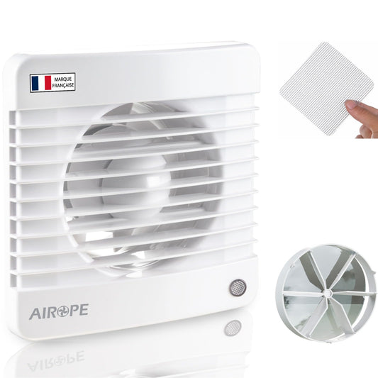 Airope 125 mm izplūdes ventilators ar pretvārstu + integrētu moskītu tīklu, zems patēriņš 9,1 W, mazs troksnis tikai 31 dBA, montāžai pie sienas, vannasistabai un virtuvei, tualetei, birojam, klusa darbība