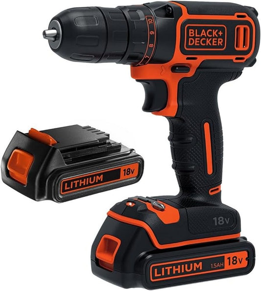 Black+Decker akumulatora urbjmašīna - 18V, 2x Li-Ion akumulators, 400 mA lādētājs, LED lukturis, mīksts rokturis