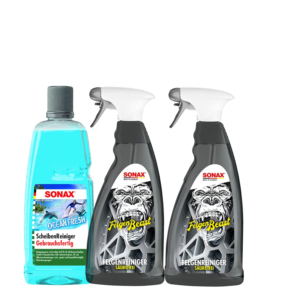 Auto disku tīrītājs SONAX 2x 1L FelgenBeast + 1x 1L OceanFresh stiklu tīrītājs gatavs lietošanai