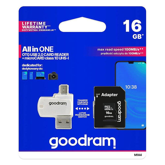 GOODRAM Microsd 16 GB karte Class 10 + adapteris + karšu lasītājs - blisteris