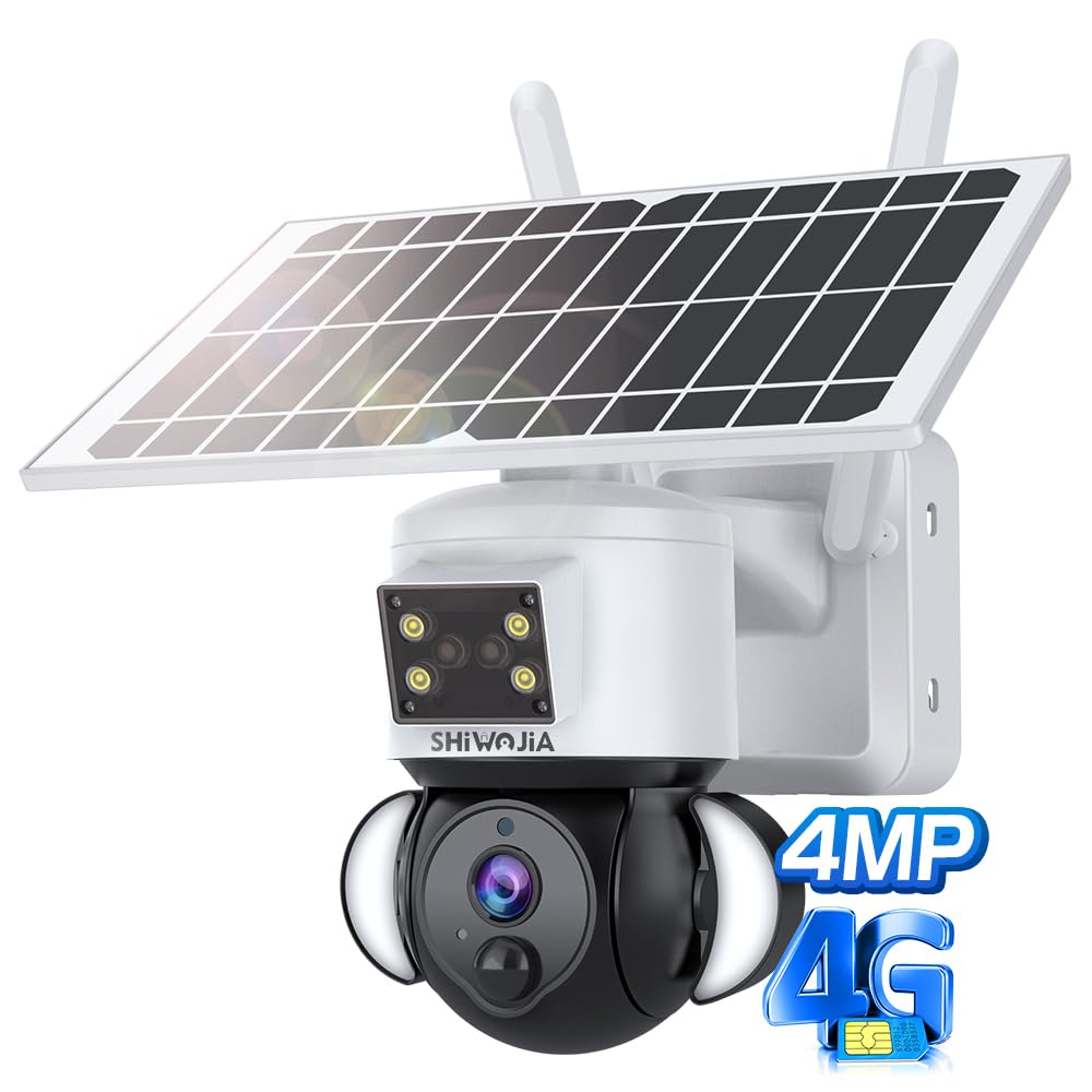 19. SHIWOJIA uzraudzības kamera āra ar SIM, 360° PTZ, 2K, 4 MP, bezvadu drošības kamera ar saules bateriju, LED trauksme, divvirzienu audio, PIR kustības sensors, nakts redzamība