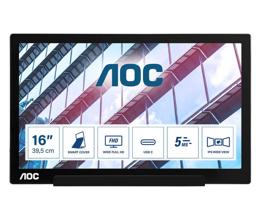 AOC I1601P - 16" FHD USB-C portable monitor, AutoPivot, 1920x1080 resolution, 60Hz, sleek black design