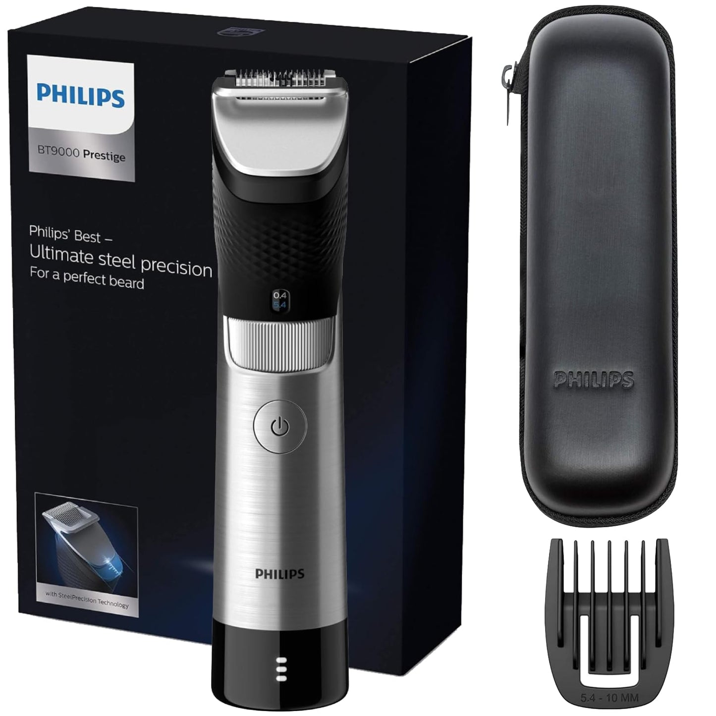 Philips bārdu trimmeris sērija 9000 Prestige ar SteelPrecision tehnoloģiju, 3 līmeņu akumulatora indikators, līdz 120 minūšu darbības laiks / 1 stunda uzlādes, modelis BT9810/15