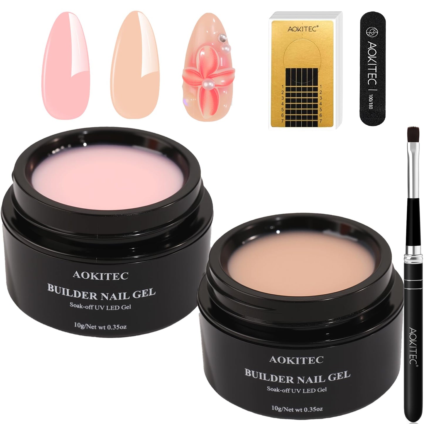 Būvējuma gēla komplekts Aokitec Pink Nude UV, nagu pieaudzēšanai, 100 formiņas