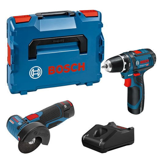 Bosch Professional 12V sistēmas komplekts - leņķa slīpmašīna GSR 12V-15, urbjmašīna GWS 12V-76, 2x 2.0Ah akumulators, lādētājs.