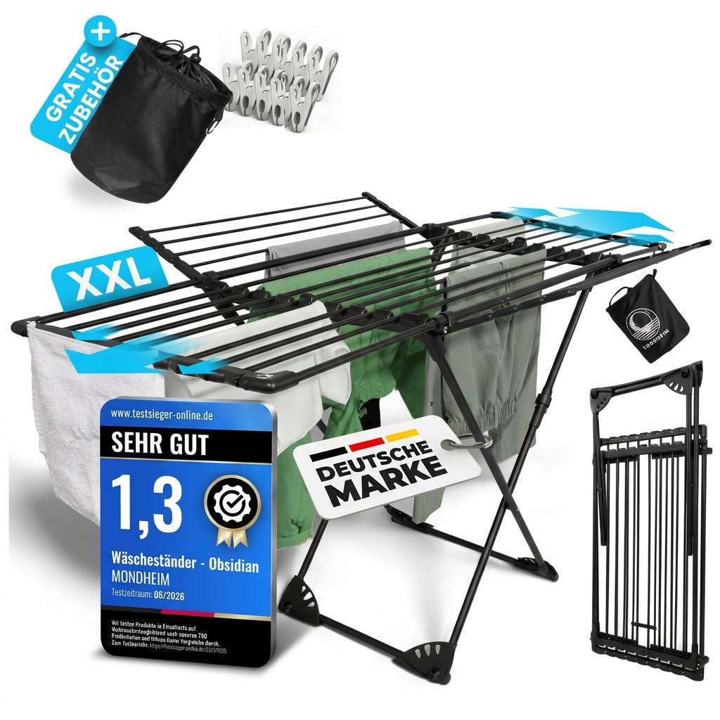 MONDHEIM® Obsidian | XXL teleskopiskais veļas žāvētājs 26M TROCKENLÄNGE | noņemama šķērssija | spārnu veļas stends, vietu taupošs | lietojams balkonam vai terasei