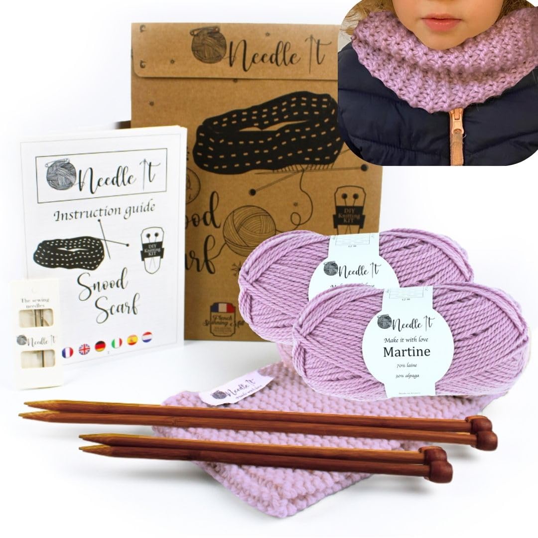 Adīšanas komplekts Needle It® iesācējiem, dzijas kakla sildītājs ar adāmadatām, snoods pašadīšanai, bērniem un pieaugušajiem, dāvana, radošs hobijs, rozā