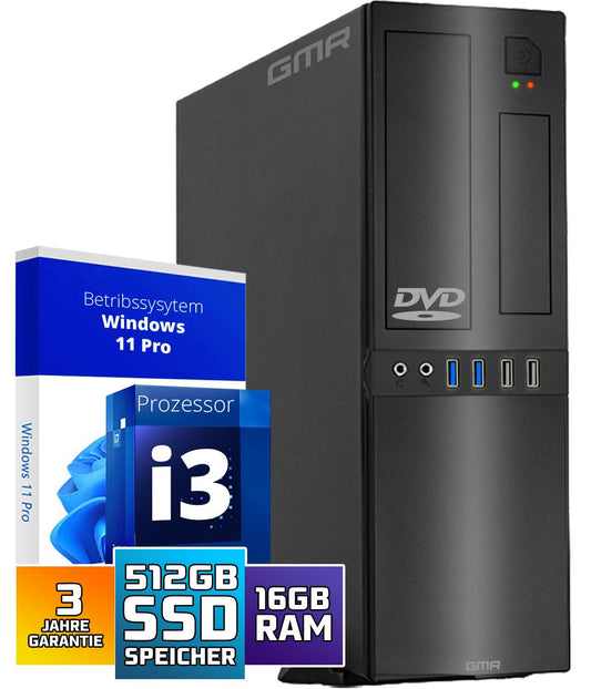 GMR Ultra Slim i3 Office PC - 16GB RAM, 512GB SSD, DVD±RW, USB 3, Windows 11 Pro, WiFi & Bluetooth, 3-year warranty