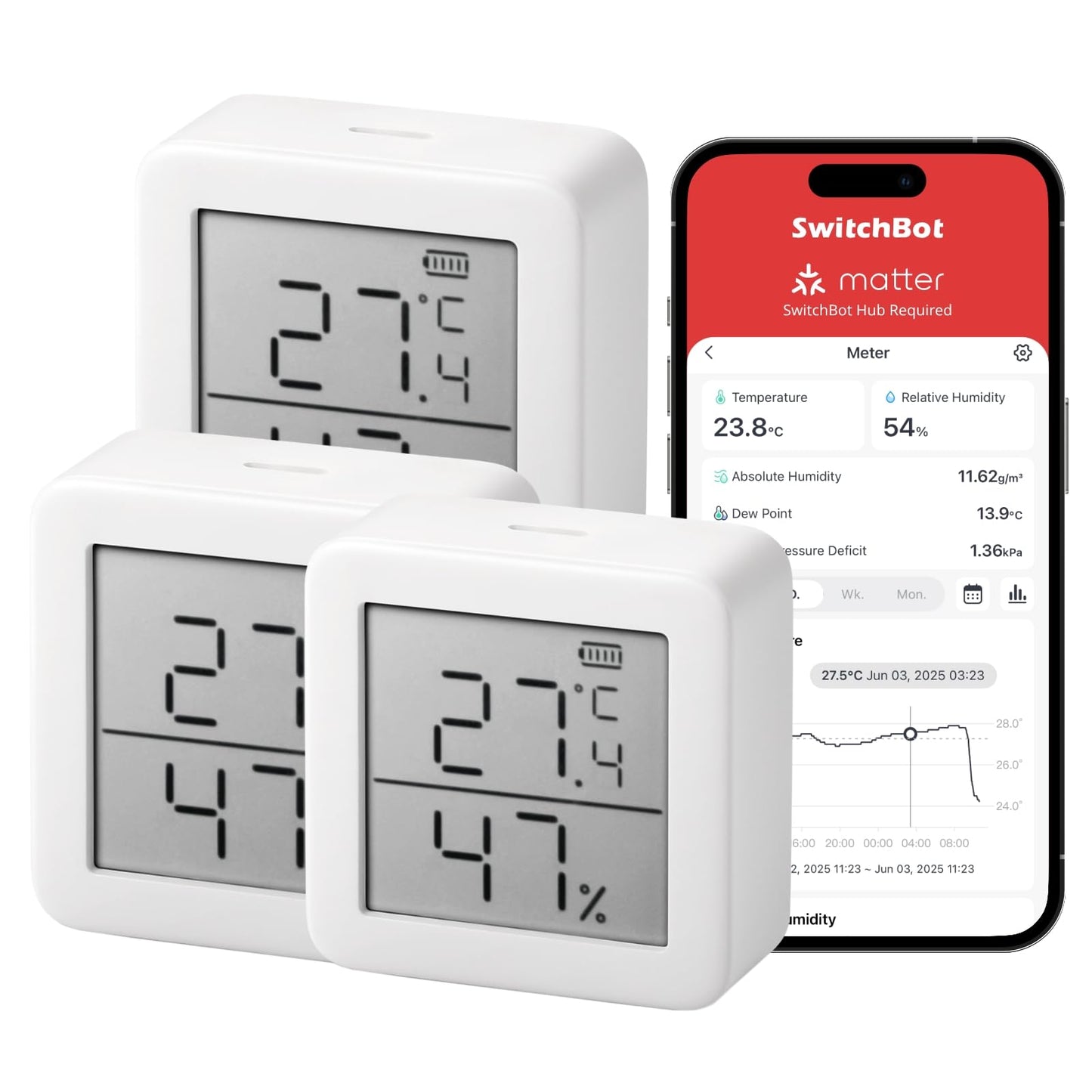 SwitchBot digitālais termometrs un higrometrs iekštelpām, Bluetooth termohigrometrs ar lietotni, rasas punkta, VPD un absolūtā mitruma sensors, 3 gab.