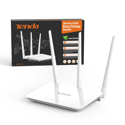 Tenda F3 N300 WLAN maršrutētājs, 300Mbit/s, tikai 2,4GHz, 3 * 5dBi ārējās antenas, 3 LAN/WAN porti, bērnu aizsardzība, viesu tīkls, piekļuves punkta režīms, bez DSL funkcijas, dzīvokļiem ar 1-2 istabām, balts