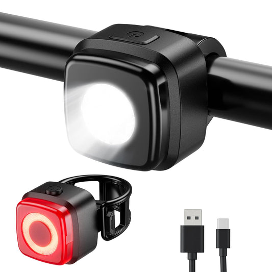 Velosipēda lukturu komplekts OnMeto, IPX5 ūdensizturīgs priekšējais un aizmugurējais lukturis, USB Type-C uzlādējams, melns