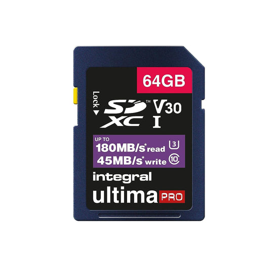 Integral 64GB SD Karte - 4K video, lasīšanas ātrums 180MB/s, rakstīšanas ātrums 80MB/s, SDXC V30 U3.