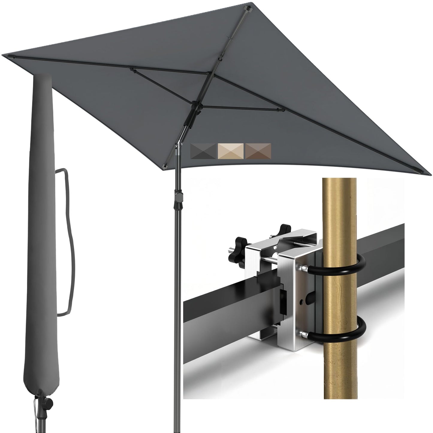 Menz balkona saulessargs - 3-IN-1 komplekts - UV50+ taisnstūra saulessargs 200x125 cm + balkona margu stiprinājums + pārvalks - balkona saules aizsardzība, antracīts