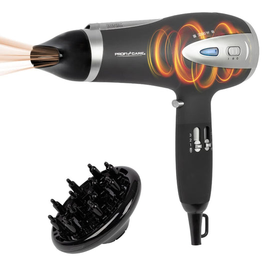 ProfiCare® matu fēns ar jonizācijas funkciju 2200W | ekstra vieglais ceļojuma fēns ar 3 jaudas līmeņiem un 2 pūtēju līmeņiem | matu fēns ar Cool-Shot | fēns ar difuzoru un formas uzgali | PC HTD 3113 melns