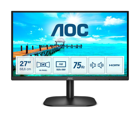 AOC 27B2AM - 27" FHD monitor, 1920x1080 resolution, 75 Hz refresh rate, VGA and HDMI ports, sleek black design.