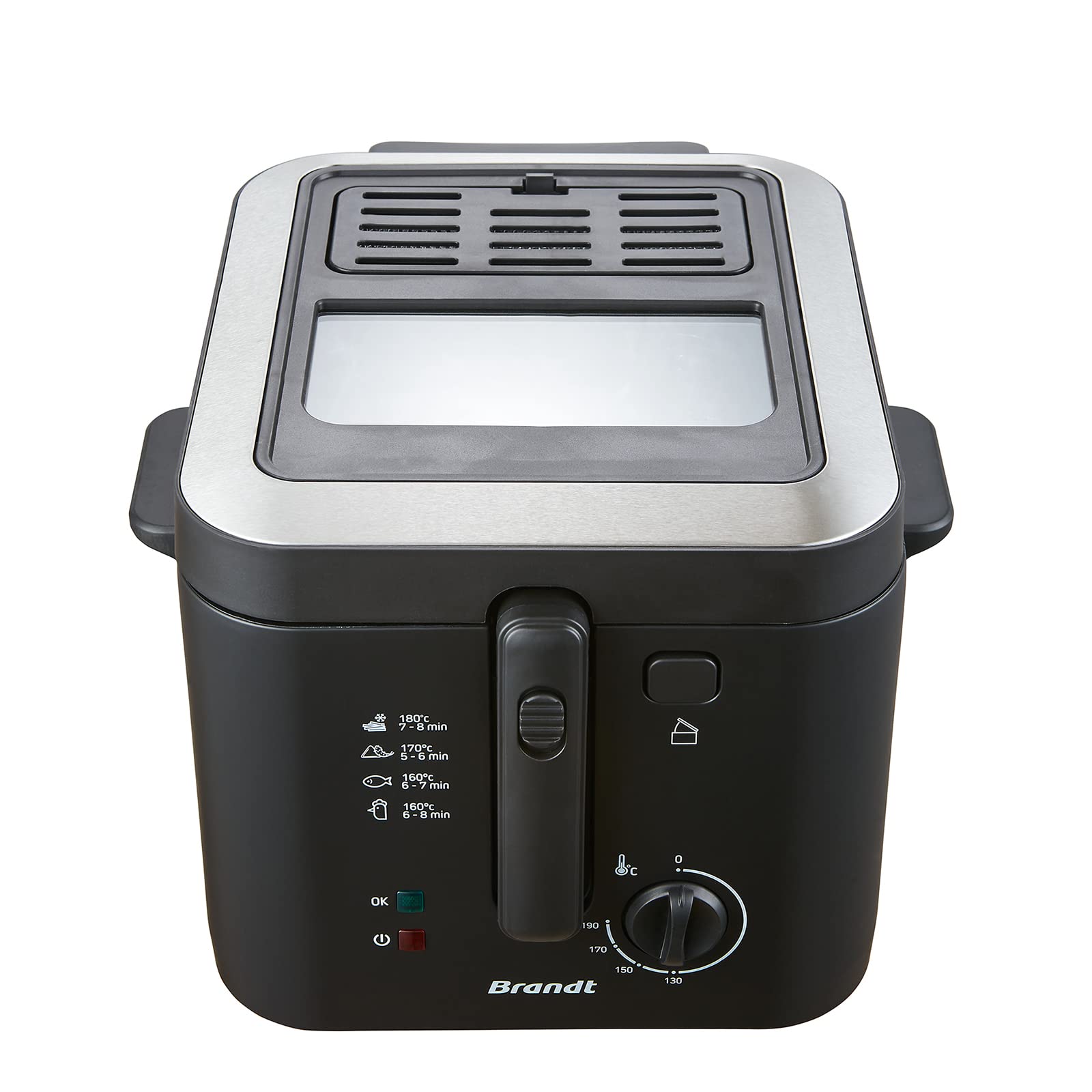 BRANDT FRI25X2 – fritieris ar 2,5 l jaudu, 1600 W, taimeri 30 min, smaku filtrs, regulējams termostats 130°-190°.
