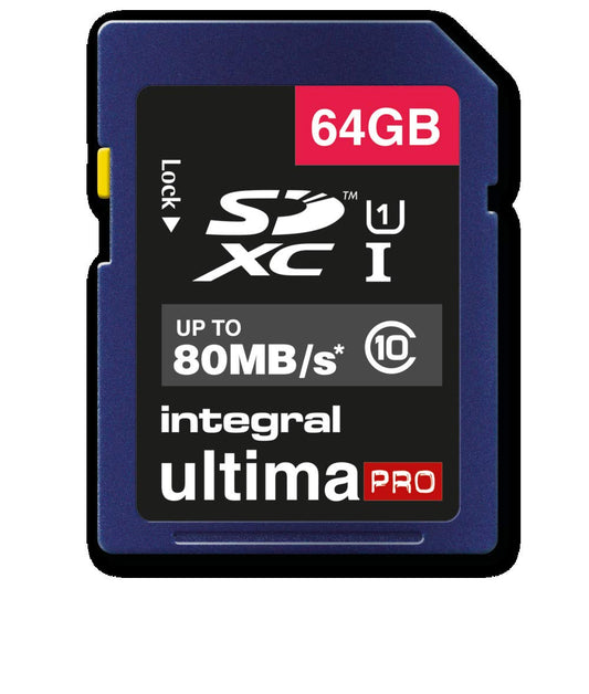 Integral SDXC 64GB UltimaPro UHS-1 - 80 MB/s transfer speed, Class 10, high-performance memory card.