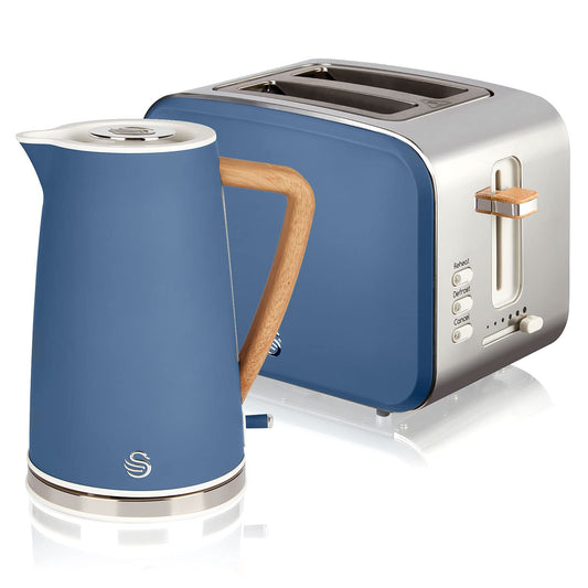 Swan Nordic brokastu komplekts, bezvadu, 1,7 l, 2200 W, tosteris ar plašu atveri, 2 šķēles, 3 funkcijas, mūsdienīgs dizains, koka izskats, matēts zils