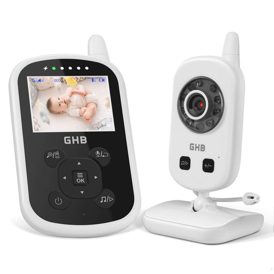 GHB bērnu monitors ar video, 2,4 GHz, ECO režīms, divvirzienu saziņa, temperatūras sensors, darbības rādiuss apm. 300m, šūpuļdziesmas, balts, 720p, tikai audio