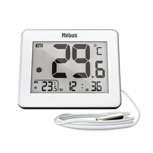 Digitālais termometrs MEBUS ar vadu āra sensoru, iekšējās un ārējās temperatūras mērīšana, pulkstenis, min./maks. vērtības, metāla korpusa rāmis, balts, 01074