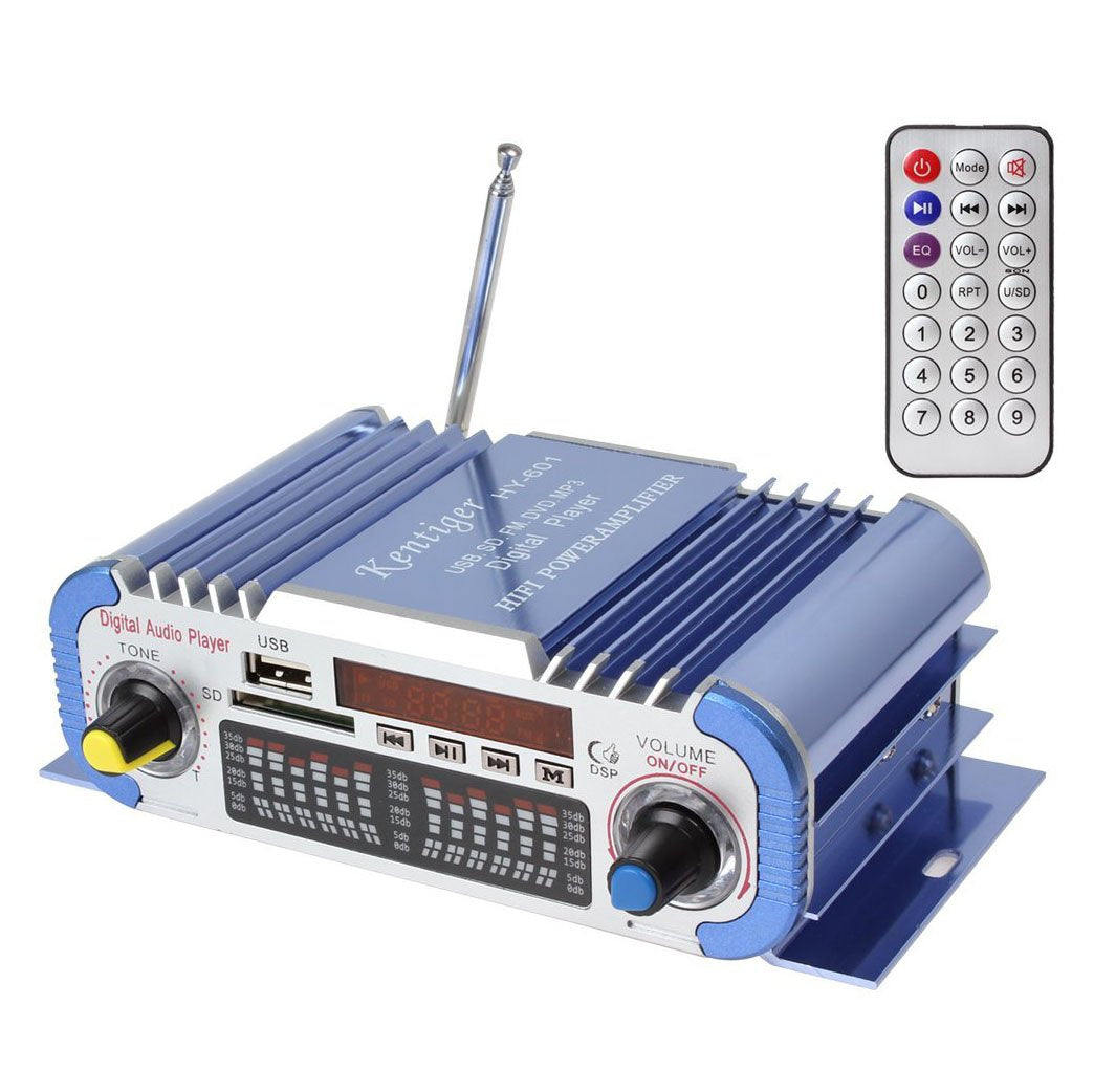 DollaTek 2 kanālu Hi-Fi mini digitālais auto un motocikla stereo pastiprinātājs, USB/FM/SD, DC 12V, zils