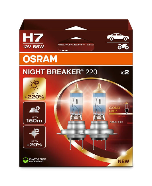 OSRAM NIGHT BREAKER 220, H7, +220% vairāk spilgtuma, halogēna prožektoru spuldze, 64210NB220-2HB, saliekamā iepakojumā (2 spuldzes), balta