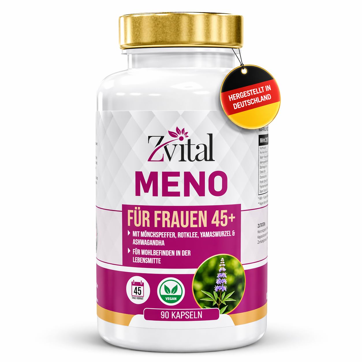 ZVITAL MENO kapsulas sievietēm menopauzes laikā no 45 gadiem | hormonālā līdzsvara komplekss ar vitex, sarkano āboliņu, ašvagandu un B6 vitamīnu | ražots Vācijā | 90 kapsulas