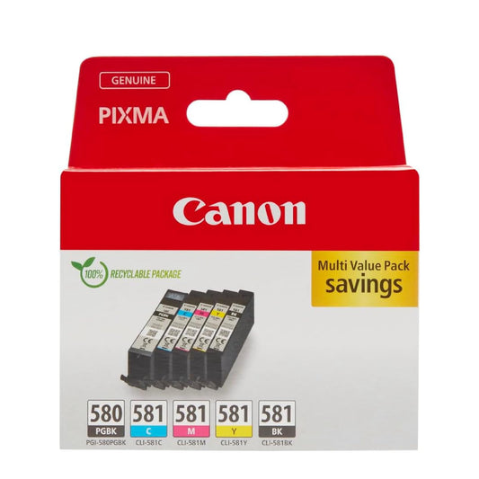 Canon tintes komplekts - PGI-580/CLI-581 oriģinālās kasetnes, 5 gab. (melna, ciāna, magenta, dzeltena) saderīgas ar PIXMA.