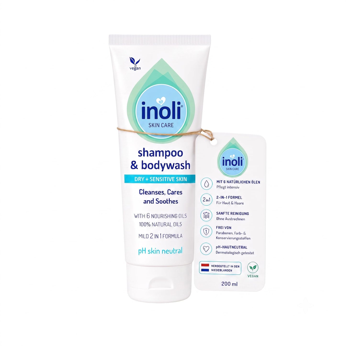 Bērnu šampūns un dušas želeja Inoli Baby 2-in-1, pH neitrāla ādai, 6 dabīgas eļļas, maigai bērnu kopšanai jutīgai ādai, 200 ml