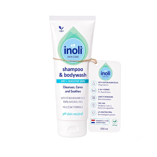 Bērnu šampūns un dušas želeja Inoli Baby 2-in-1, pH neitrāla ādai, 6 dabīgas eļļas, maigai bērnu kopšanai jutīgai ādai, 200 ml