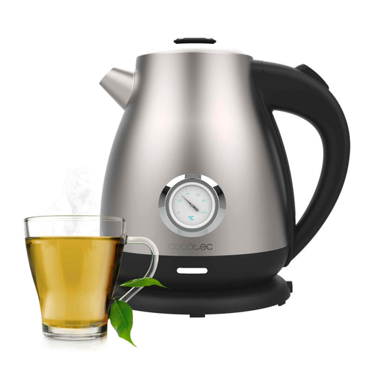 Cecotec tējkanna - 1,7L Thermosense 620 Retro Steel, 2200W, kaļķu filtrs, 360° pamatne, analogais termometrs, nerūsējošais tērauds.