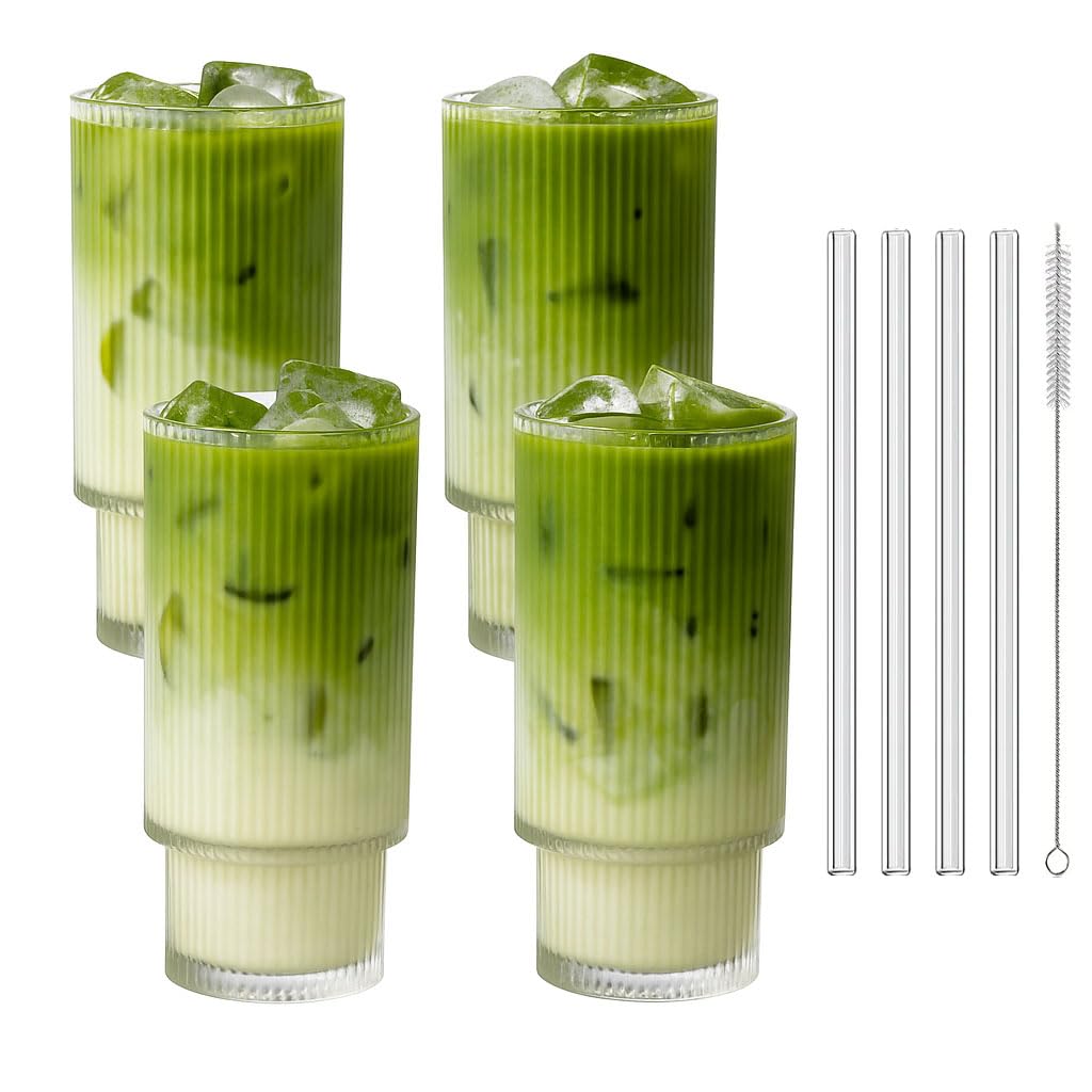 Rievotas dzeramglāzes 320ml 4 gab. komplektā, mixed24, ar stikla salmiņiem un tīrīšanas birstīti, elegantas latte macchiato un Iced Matcha glāzes, piemērotas trauku mazgājamai mašīnai