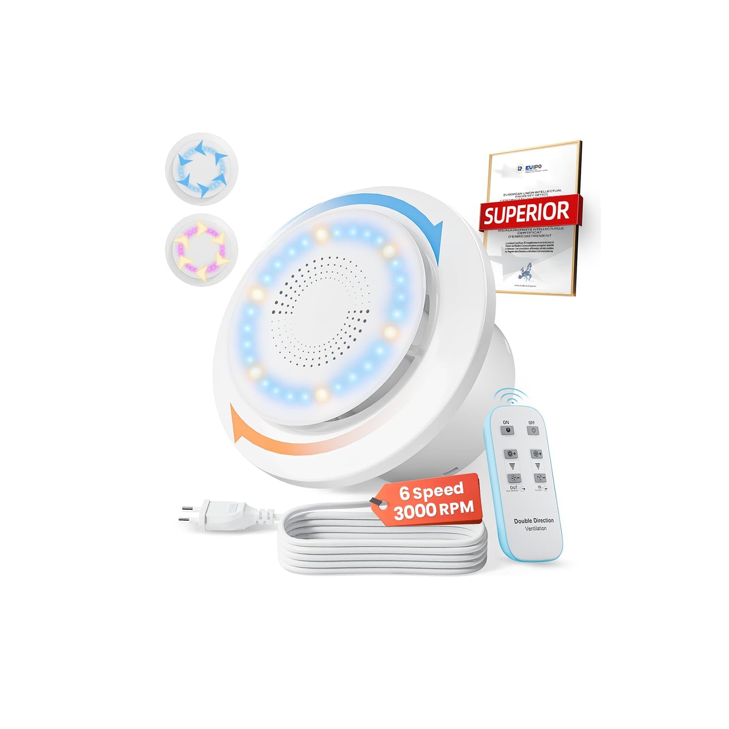 Badkamer ventilators 100mm 6 ātrumu 2 virzienu nosūces ventilators ar tālvadības pulti, 3000 apgr./min 220m³/h redzami virziena un ātruma indikatori, 2W energoefektīvs motors, atmiņas funkcija, ātra mitruma samazināšana, 5 gadu garantija