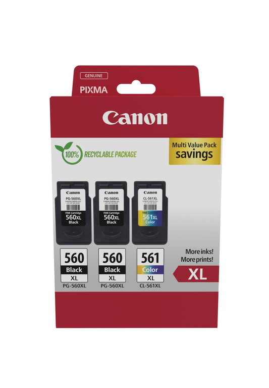 Canon oriģināltinte PG-560XL x 2 / CL-561XL - 3 tintes kasetnes, 2x melna, 1x krāsa, augstas kvalitātes drukāšanai.