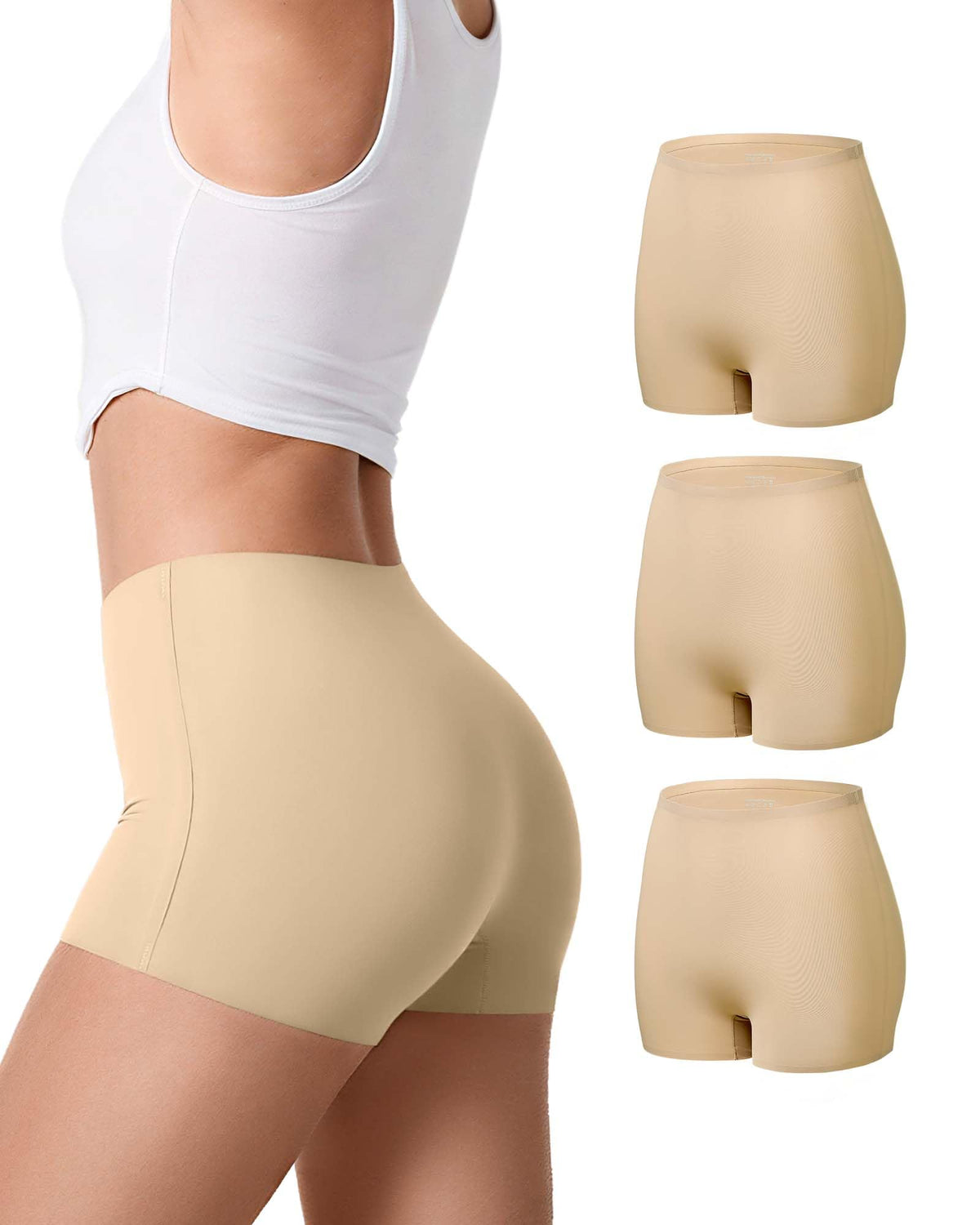 SHARICCA sieviešu bokseršorti, bezšuvju, mīkstas apakšbikses ar augstu jostasvietu, radleršorti, hotpants, 3 miesas toņi, M