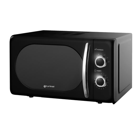Grunkel - MW-20BLACK - Mehāniskā mikroviļņu krāsns ar 20 litru ietilpību vintage dizainā un 5 jaudas līmeņiem - Atkausēšanas funkcija un taimeris līdz 30 minūtēm - 700 W - Melna