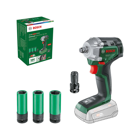 Bosch UniversalImpactDrive 18V-350 - jaudīga skrūvēšana, 350 Nm griezes moments, sešstūra adapteris, uzgriežņu atslēgu komplekts