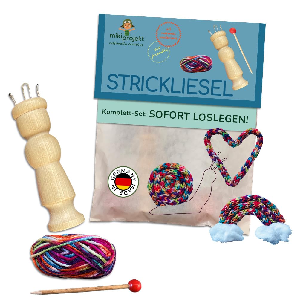 Adīšanas komplekts miki projekt ar adīšanas lellīti, ražots Vācijā, 30 m dzijas, diega ievēršanas palīgrīks, 2 radošo darbu veidnes, bez plastmasas, 5–99 gadiem