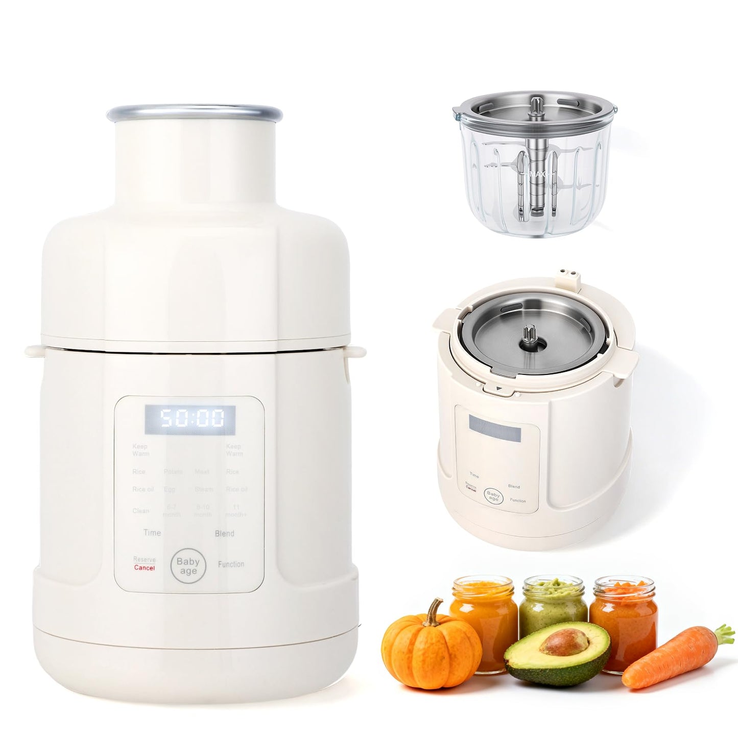 Babynahrungszubereiter 500 W, viss vienā ierīce ar tvaicētāju, blenderi, sildītāju un taimeri visiem attīstības posmiem, skārienekrāns, automātiskās programmas un pašattīrīšanās funkcija